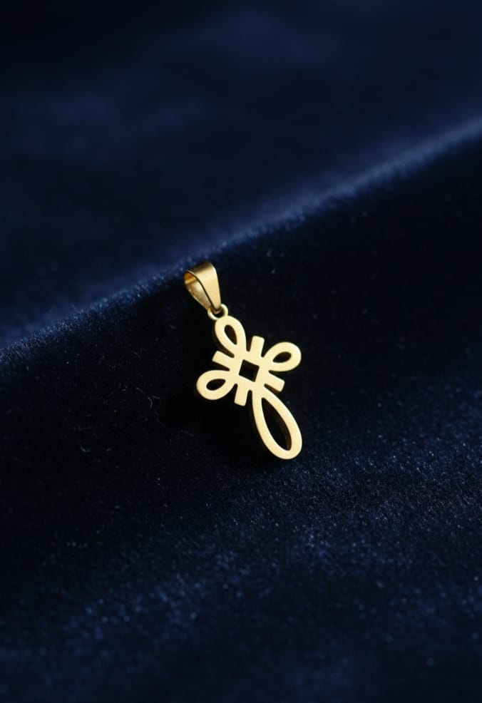 A small gold-tone cross pendant (chain not included), crafted from rust-resistant stainless steel, featuring a sleek, openwork knot design. A distinctive, modern, and spiritual piece. - Image 2
